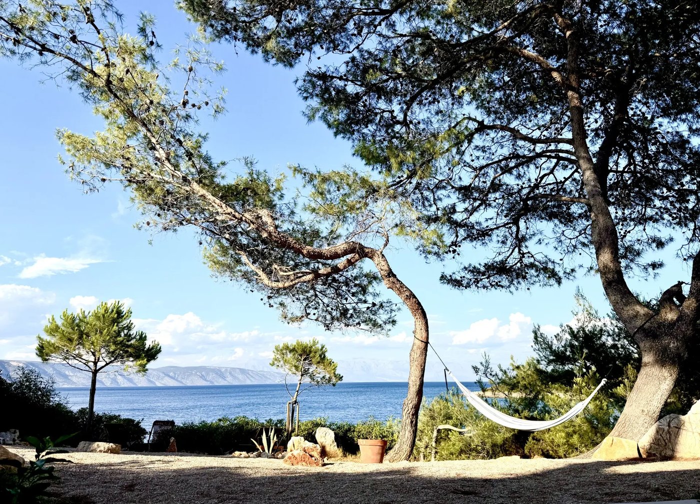 Hammock between pine trees above the Adriatic at Villa Aqua