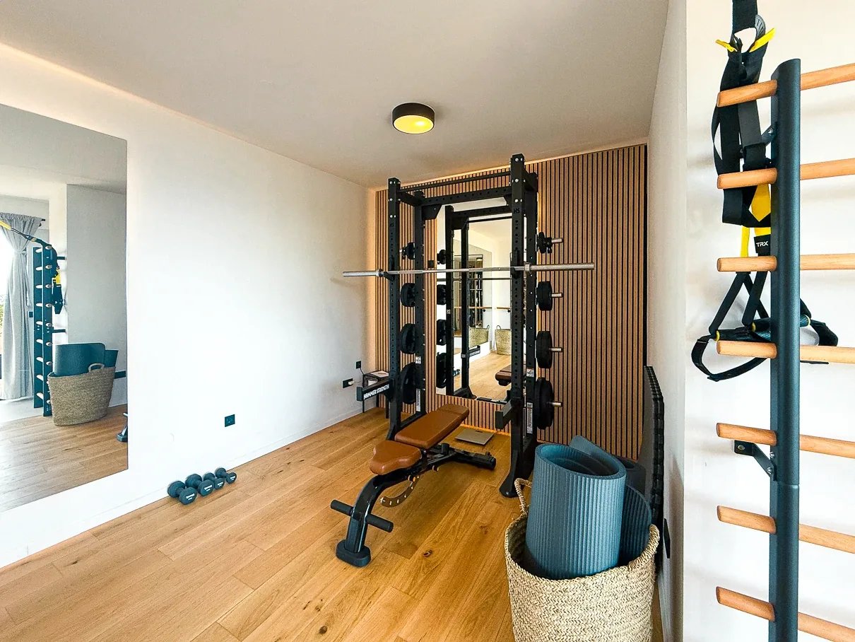 Fitness and lounge room with power rack and wall bars